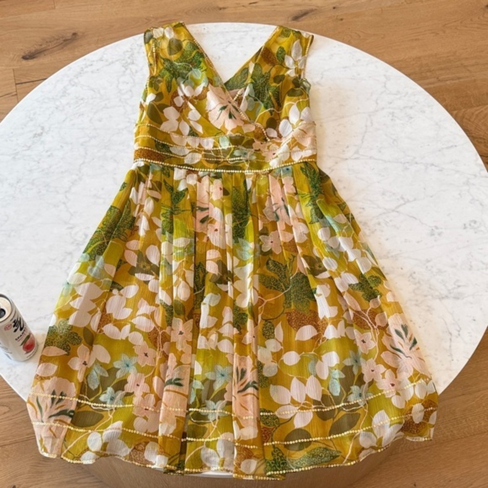 🌼 Adrianna Papell 100% Silk Floral Midi Dress Yellow Green Size 8
